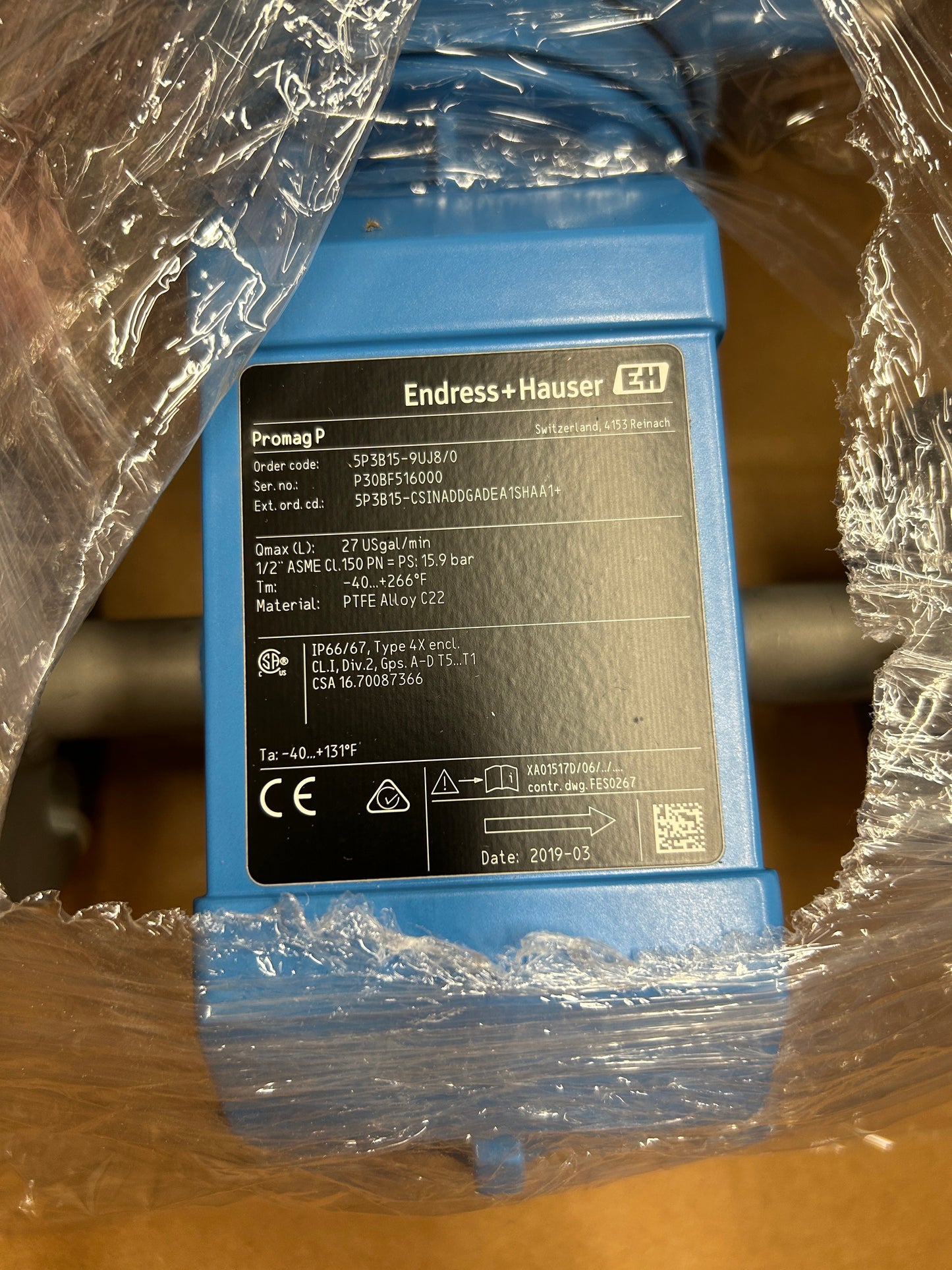 Endress-Hauser Electromagnetic Flowmeter 5P3B15-9UJ8/0 27 USgal/min Max