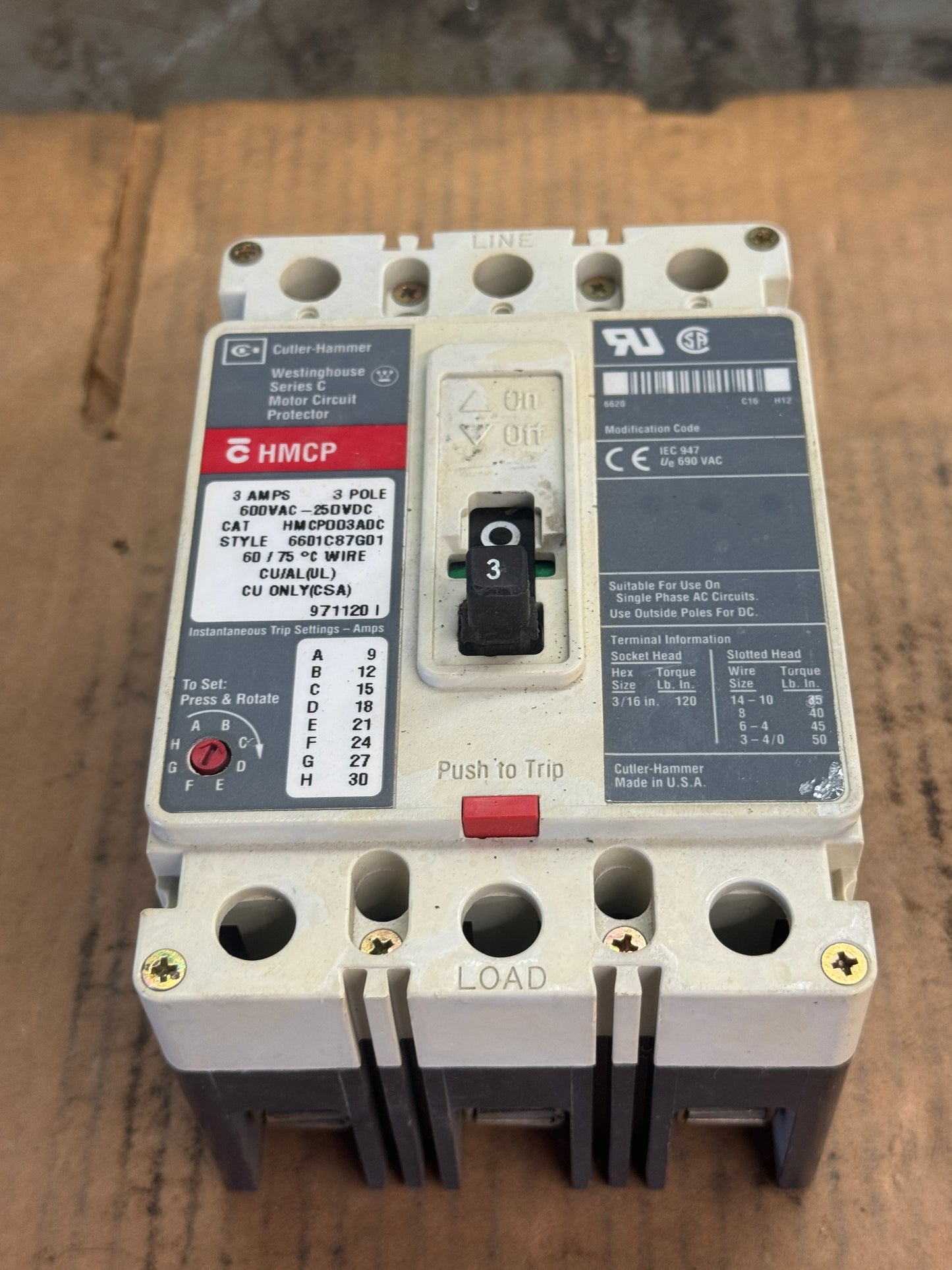 Cutler-Hammer HMCP003A0C Motor Circuit Protector 600 VAC / 250 VDC Untested Surplus 1760