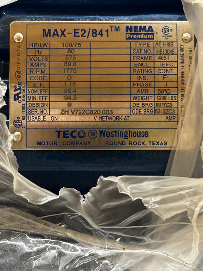 TECO Westinghouse AC Motor HB10045 - 100 HP 1800 RPM