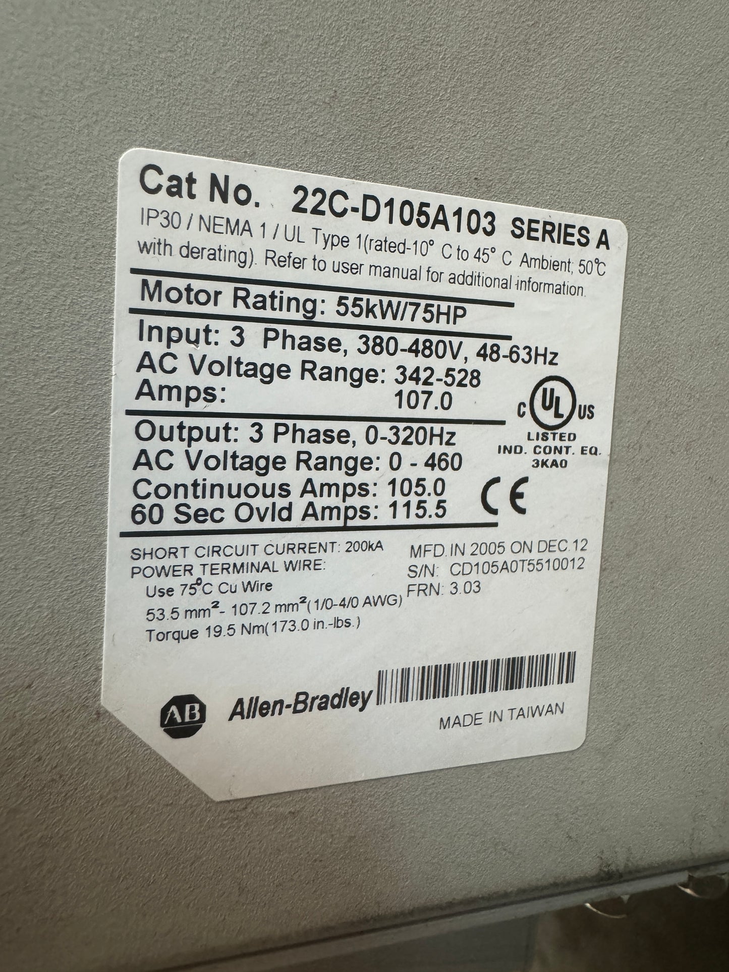 Allen-Bradley Variable Frequency Drive 22C-D105A103 - 75 HP Variable RPM