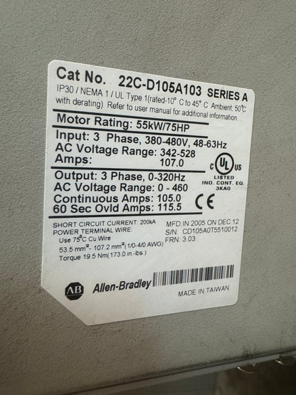 Allen-Bradley Variable Frequency Drive 22C-D105A103 - 75 HP Variable RPM