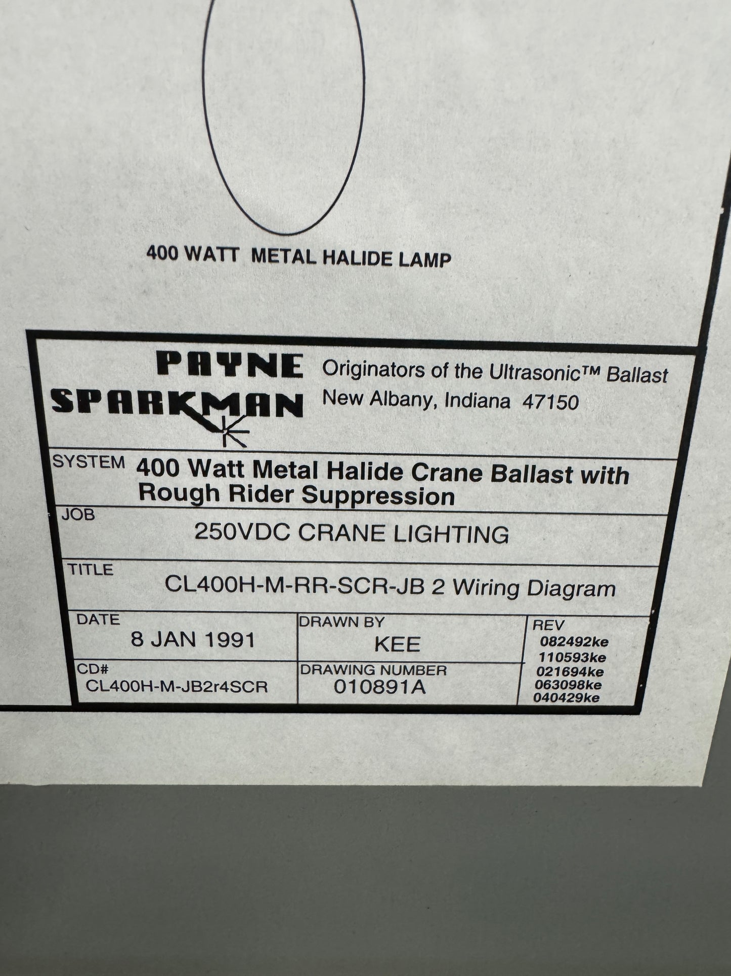 Payne Sparkman Metal Halide Crane Ballast CL400H-M-RR-JB