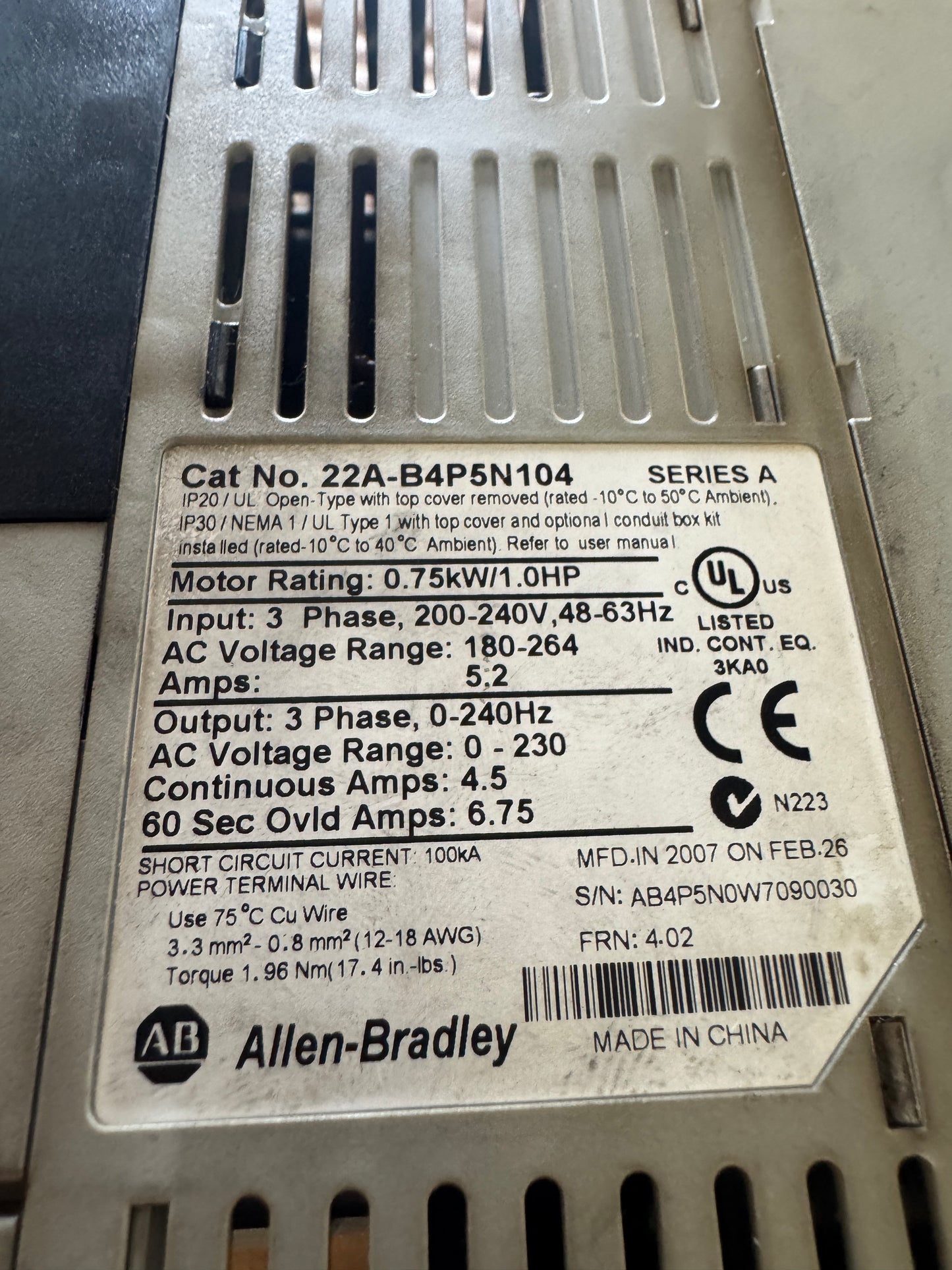 Allen-Bradley AC Drive 22A-B4P5N104 - 1 HP Variable RPM