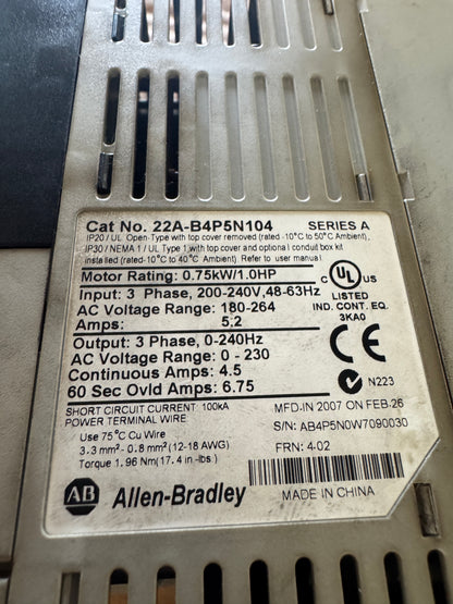 Allen-Bradley AC Drive 22A-B4P5N104 - 1 HP Variable RPM