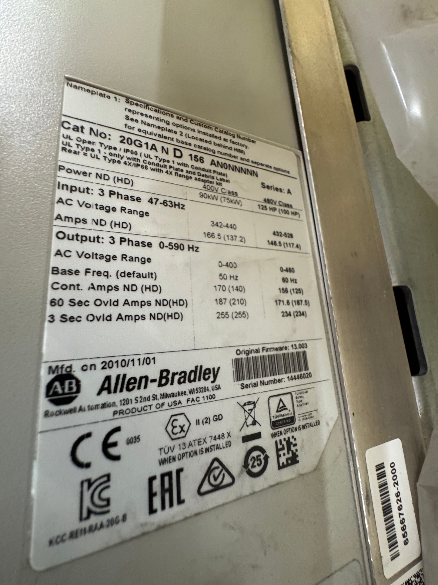 Allen-Bradley Variable Frequency Drive 20G1AND156AN0NNNNN 480V 3-Phase