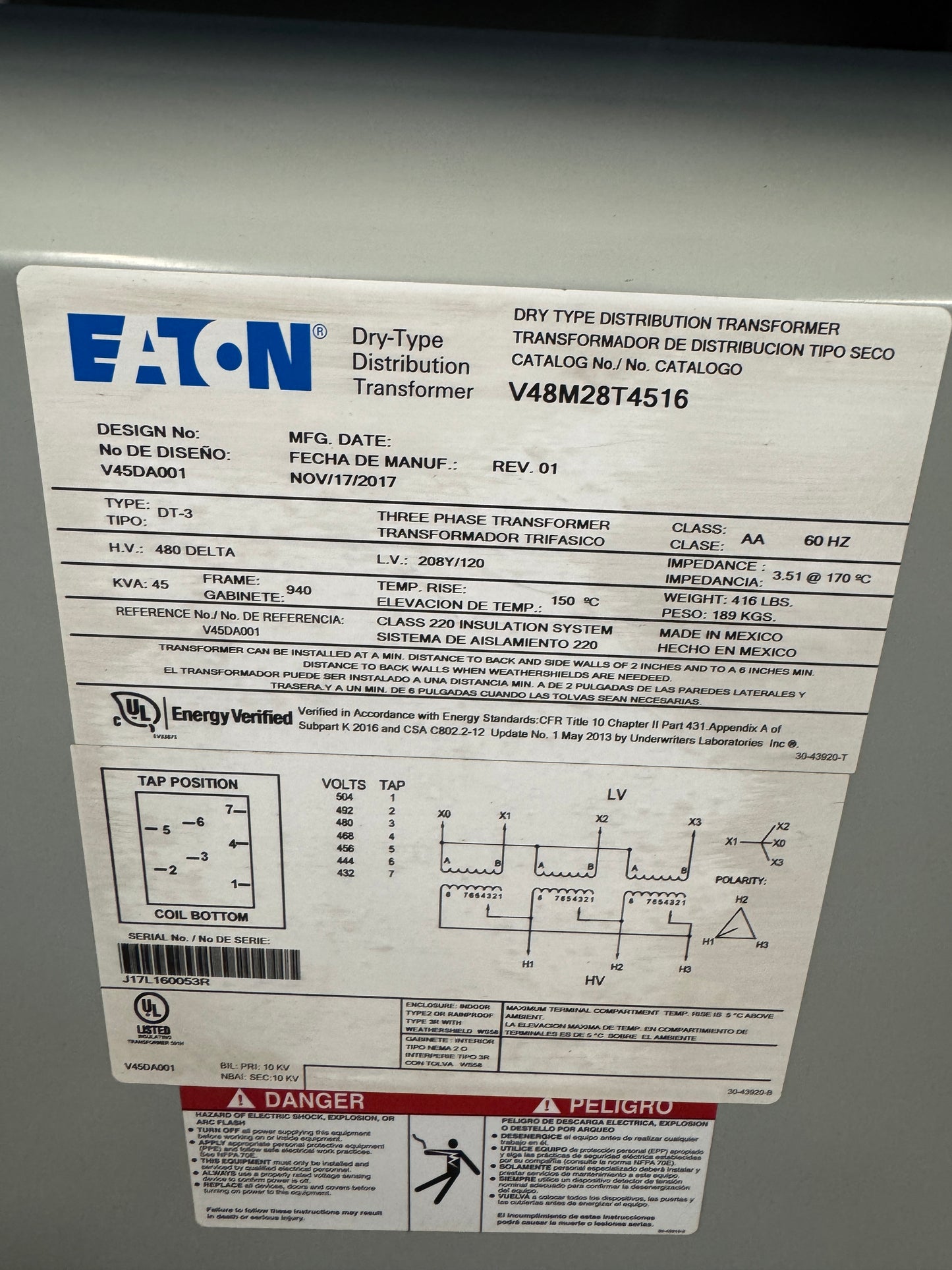 Eaton V48M28T4516 Dry Type Distribution Transformer Untested Surplus