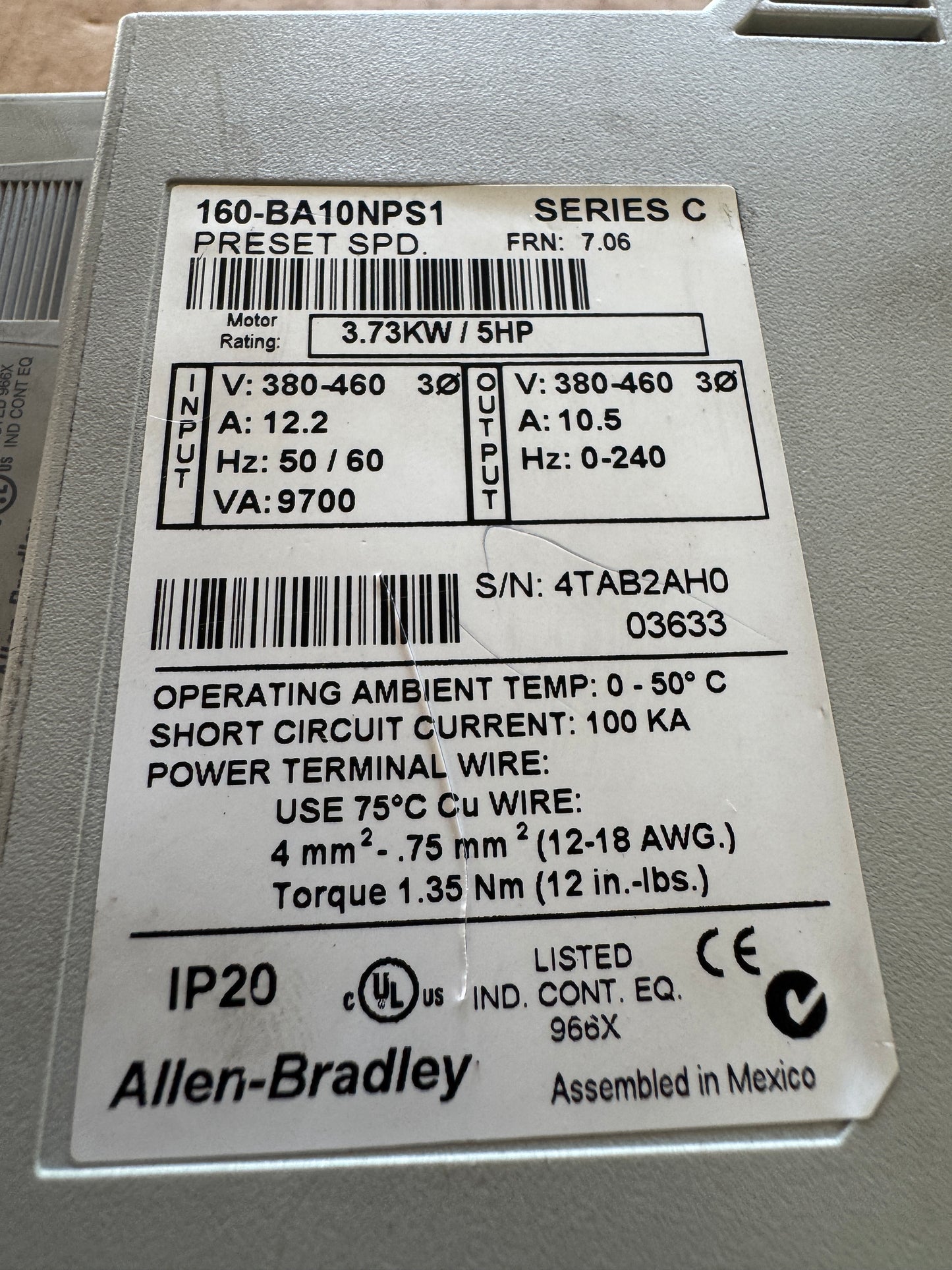 Allen-Bradley 160-BA10NPS1 Variable Frequency Drive 380-460V 3-Phase
