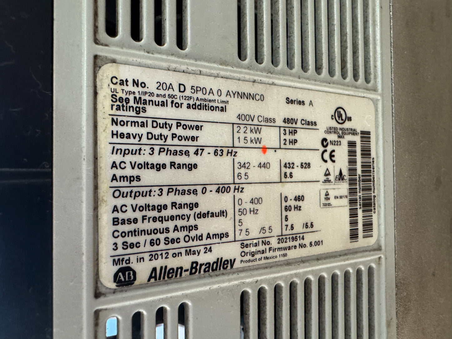 Allen-Bradley 20AD5P0A0AYNNNC0 Variable Frequency Drive 480V AC 3-Phase Untested Surplus 01438