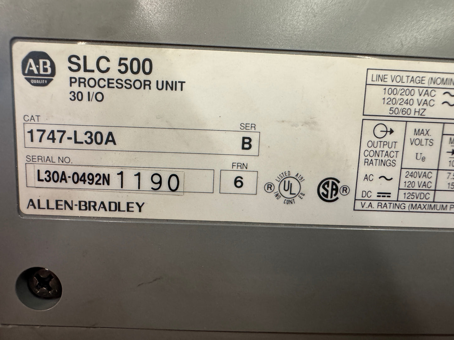Allen-Bradley 1747-L30A SLC 500 Processor Unit 120/240 VAC