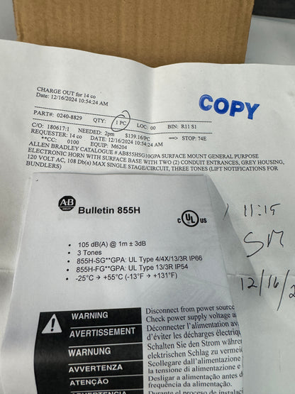 Allen-Bradley Electronic Horn 855H-SG10GPA 120V AC