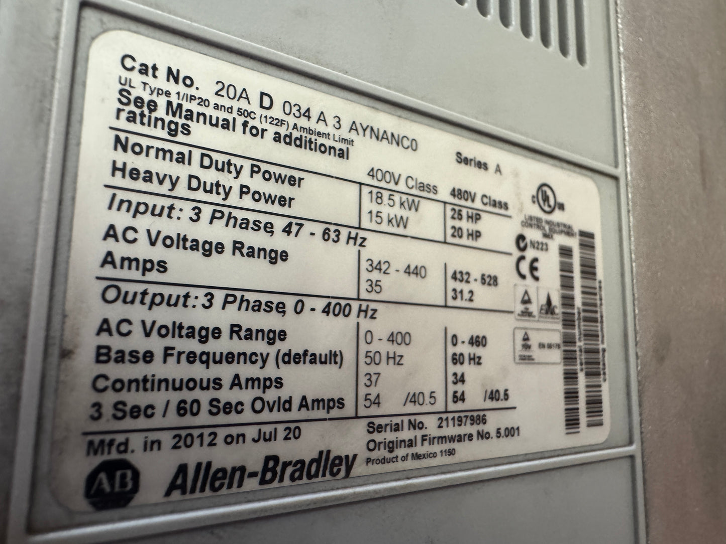 Allen-Bradley 20AD034A3AYNANC0 Variable Frequency Drive 480V AC 3-Phase