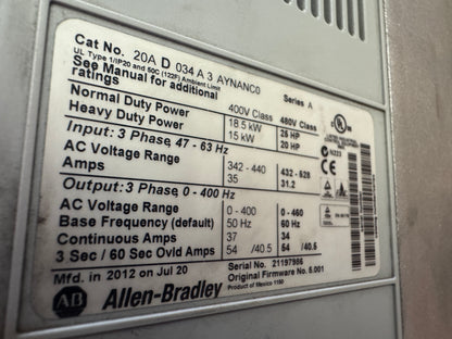 Allen-Bradley 20AD034A3AYNANC0 Variable Frequency Drive 480V AC 3-Phase
