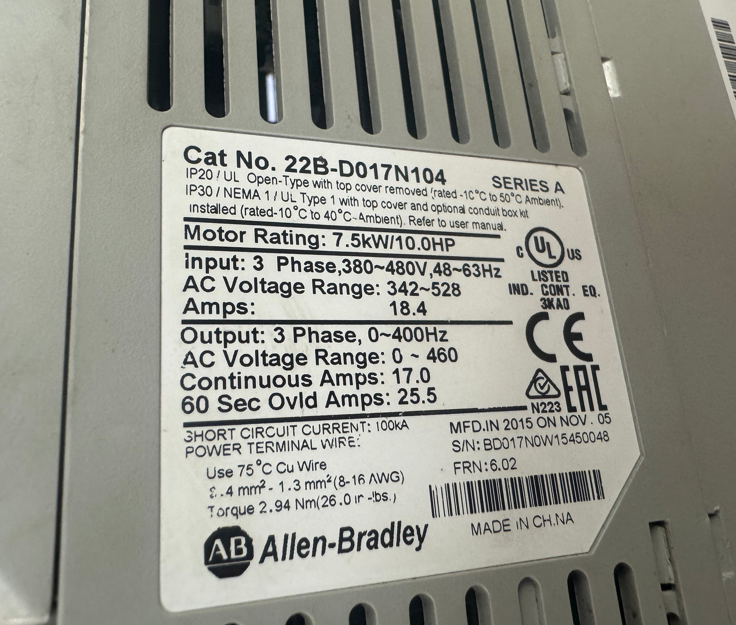 Allen-Bradley PowerFlex 40 AC Drive VFD 22B-D017N104 - 10 HP Variable RPM