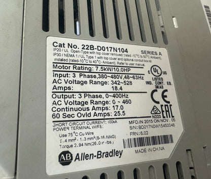 Allen-Bradley PowerFlex 40 AC Drive VFD 22B-D017N104 - 10 HP Variable RPM