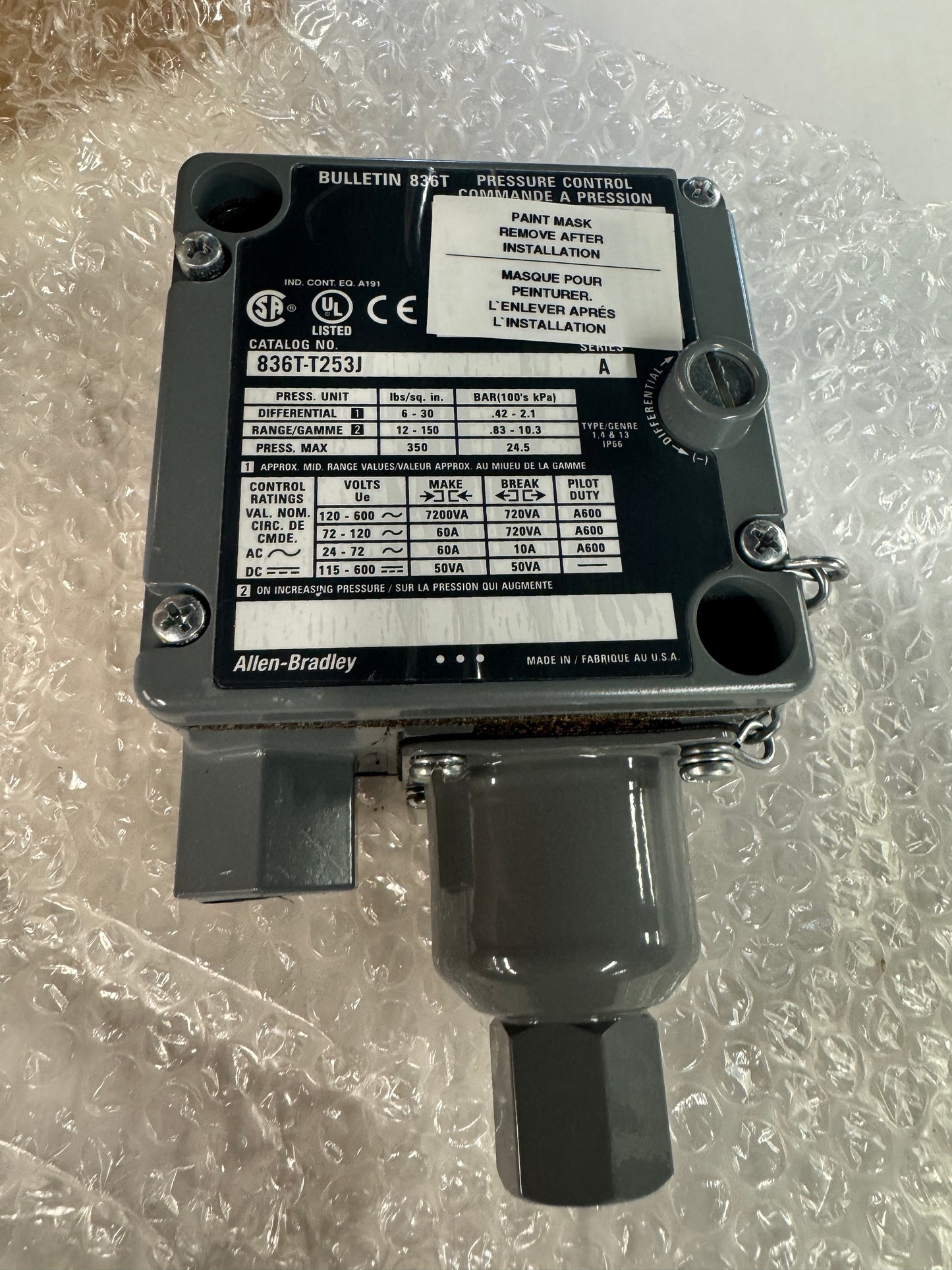 Allen-Bradley Pressure Control Switch 836T-T253J 1/4 In. NPT 12 to 150 Psi Range, 350 Psi Max