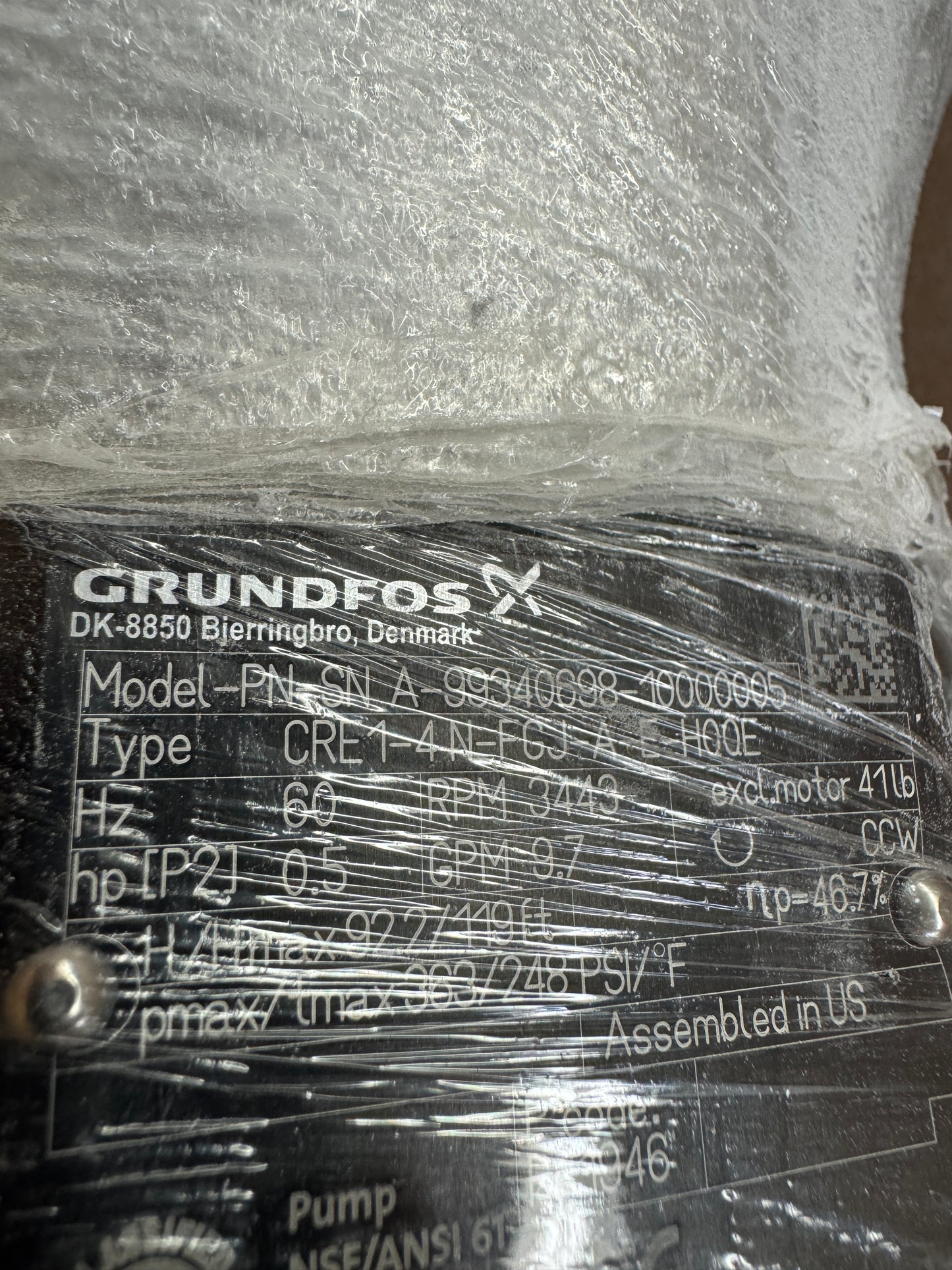 Grundfos CRE1-4 N-FGJ-A-E-HQQE Vertical Multistage Centrifugal Pump, 0.5 HP, 60 Hz