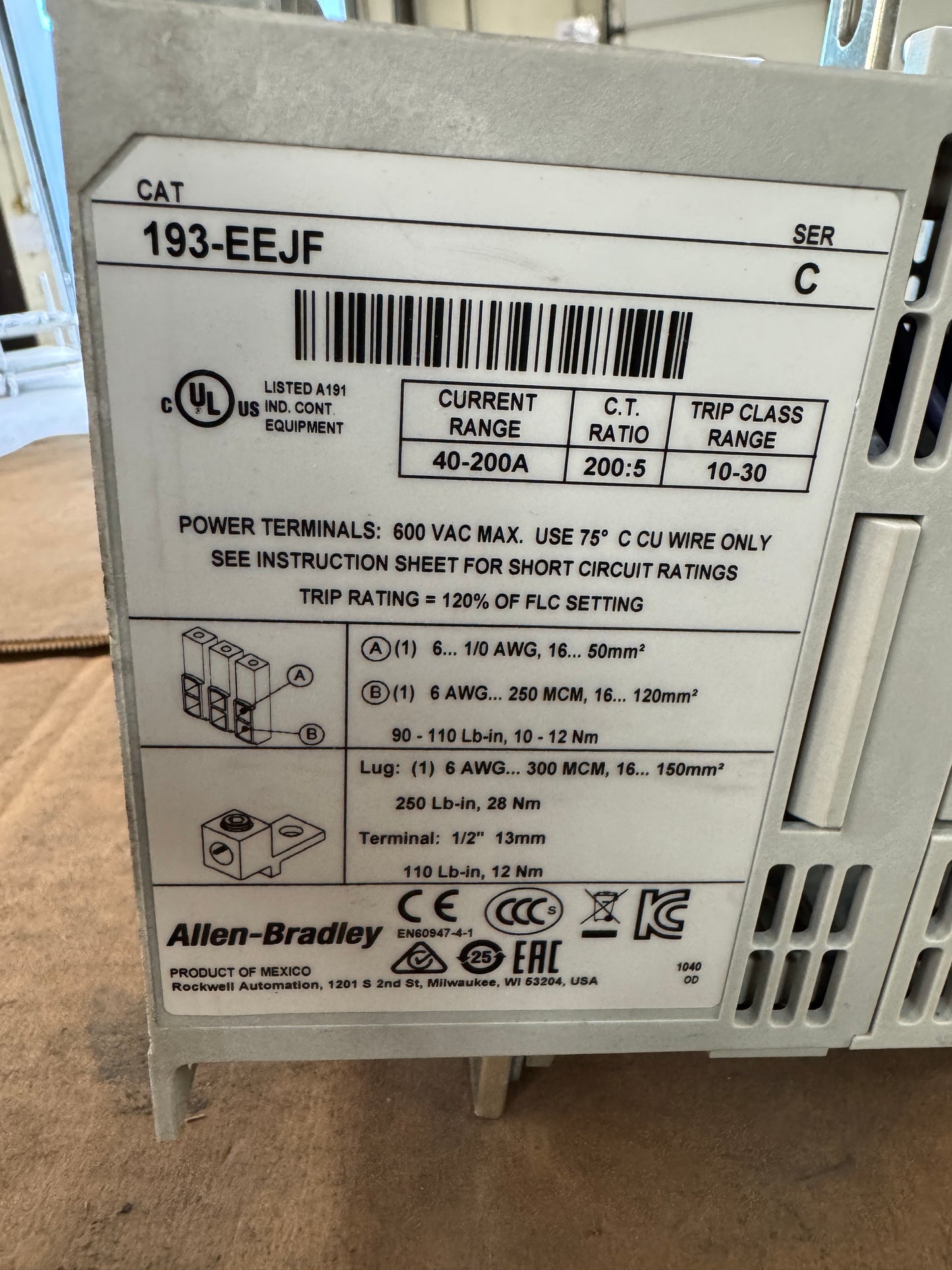 Allen-Bradley Overload Relay 193-EEJF 600 V AC Max