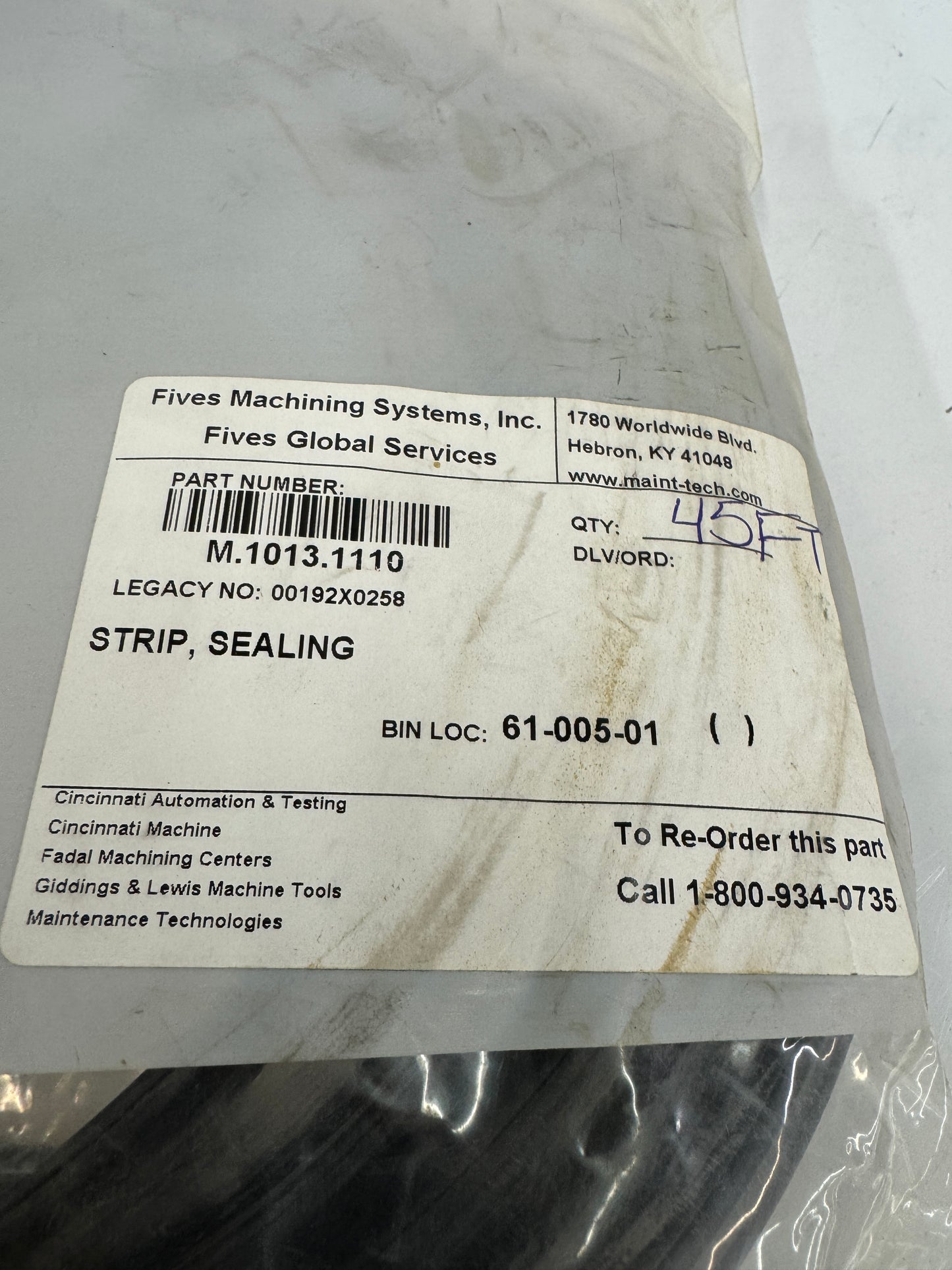 Fives Machining Systems OEM Sealing Strip M.1013.1110 45 ft length.
