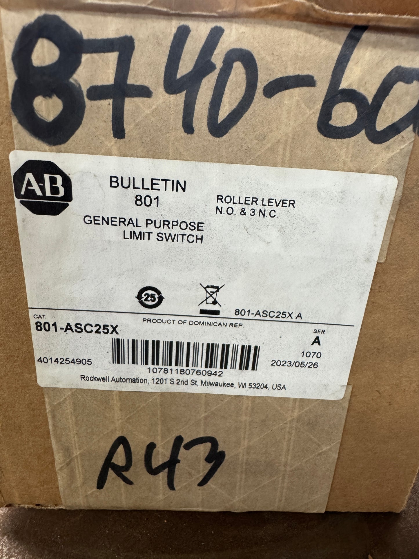 Allen-Bradley General Purpose Limit Switch 801-ASC25X 600V AC/DC