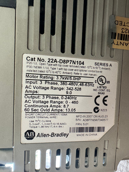 Allen-Bradley AC Drive 22A-D8P7N104 - 5 HP Variable RPM 01648