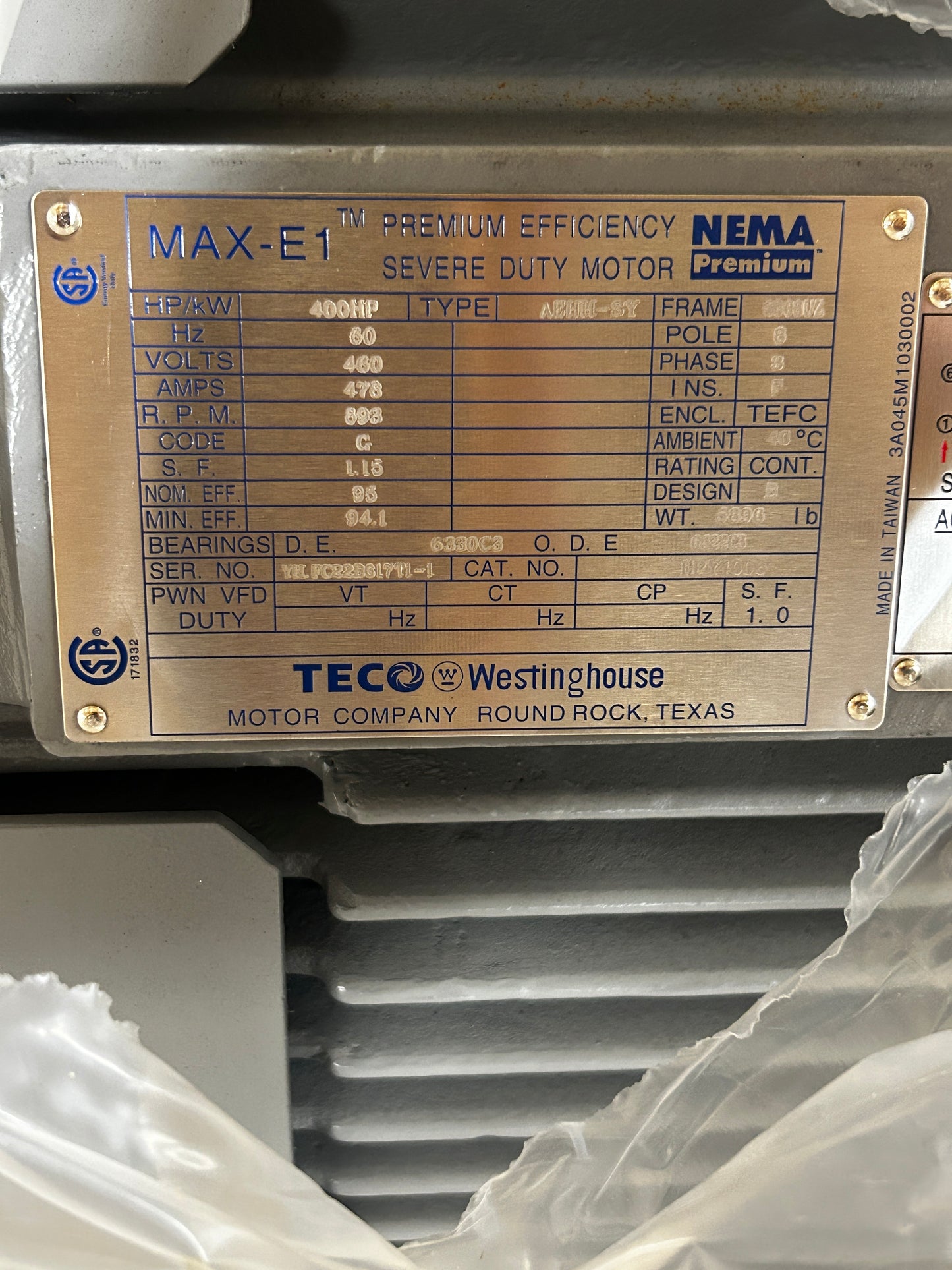 MODEL CHECK PLS - TECO Westinghouse AC Motor EPY4008 - 400 HP 900 RPM