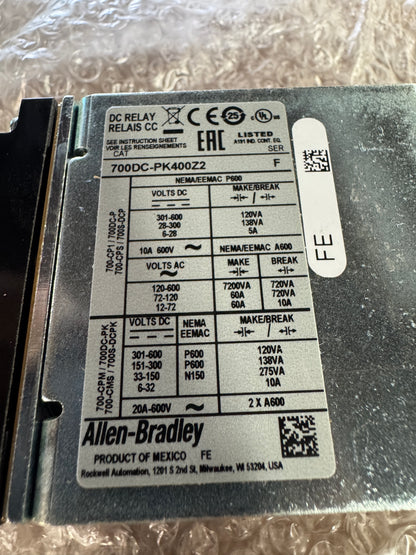 Allen-Bradley DC Control Relay 700DC-PK400Z2 230 250V DC Coil