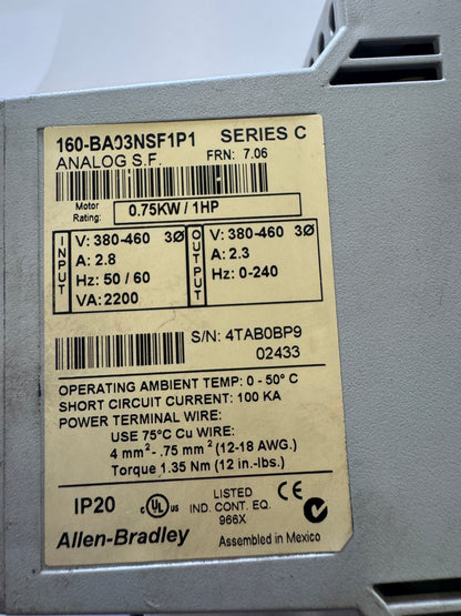 Allen-Bradley Variable Speed Drive 160-BA03NSF1P1 380-460V 3-Phase