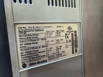 Allen-Bradley 20AD034A3AYNANC0 PowerFlex 70 AC Drive 480V AC 3-Phase 01560