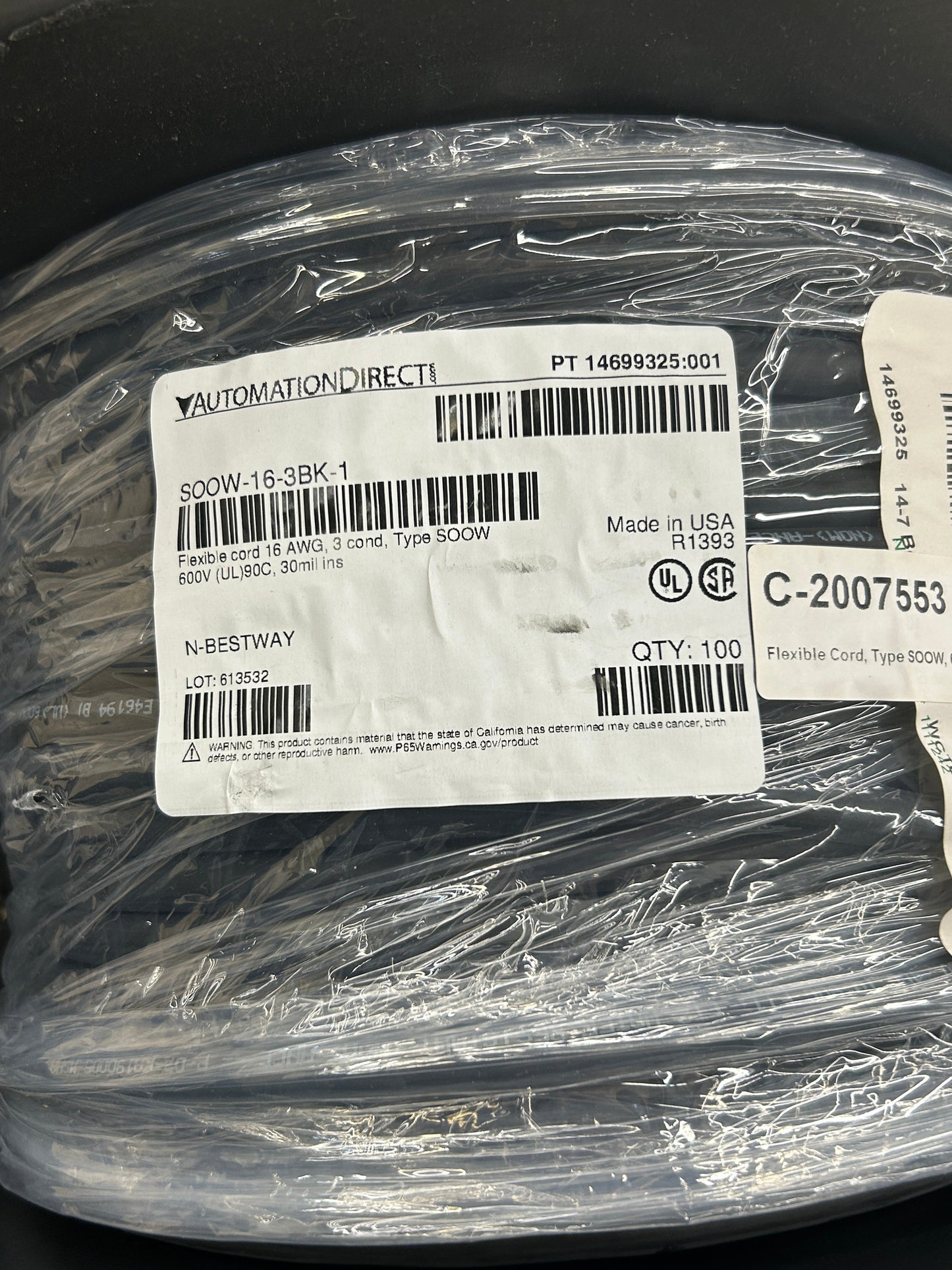 AutomationDirect Electrical Cable SOOW-16-3BK-1 16 AWG, 3 Conductor, 100 Ft, Type SOOW, 600V