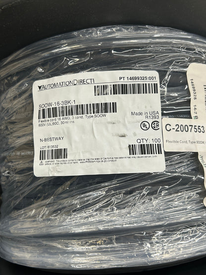 AutomationDirect Electrical Cable SOOW-16-3BK-1 16 AWG, 3 Conductor, 100 Ft, Type SOOW, 600V