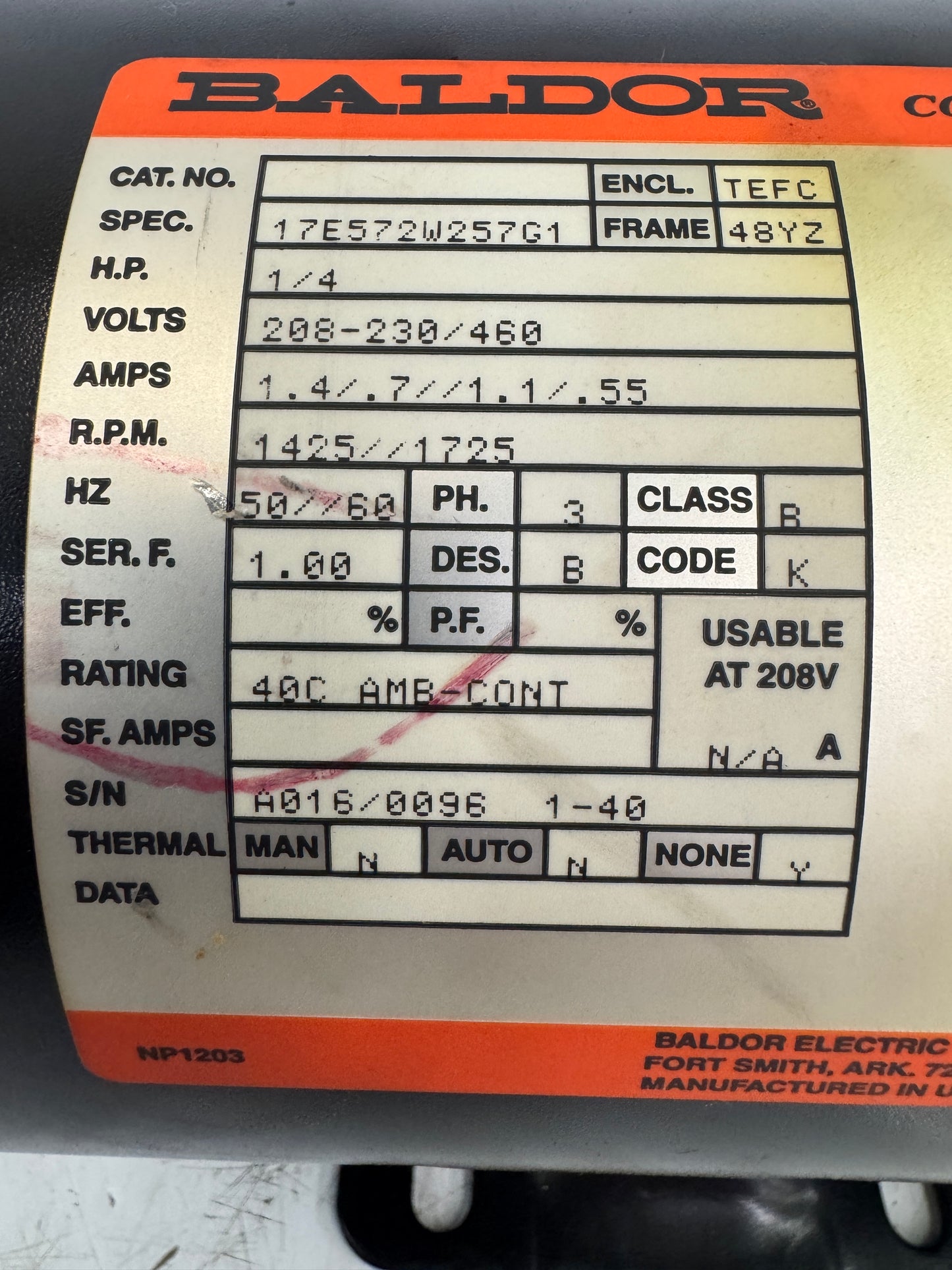 Baldor Electric Co. AC Motor 17E572W257G1 - 1 HP 1725 RPM