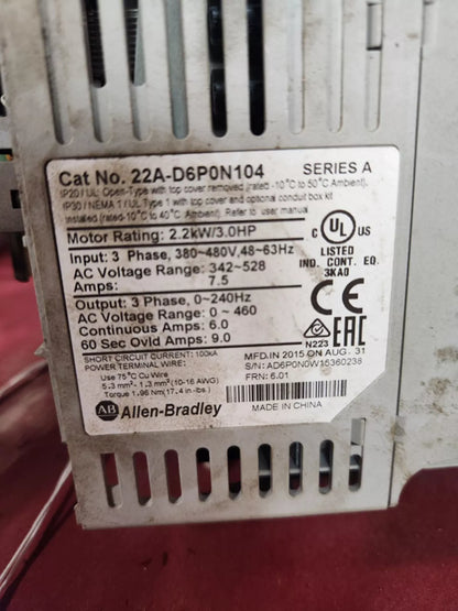 Allen-Bradley Variable Frequency Drive 22A-D6P0N104 480V 3-Phase