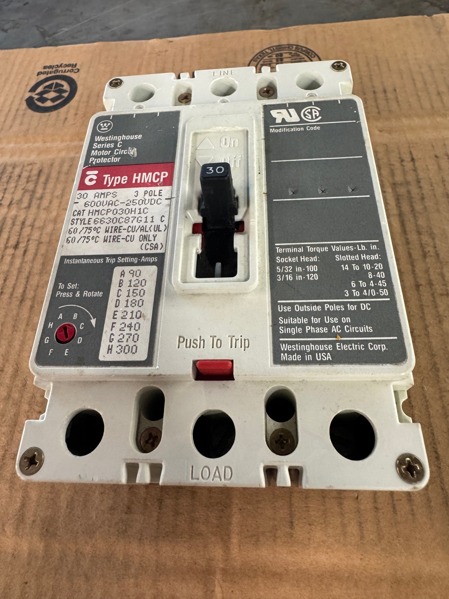 Westinghouse HMCP030H1C Motor Circuit Protector 600VAC / 250VDC Untested Surplus