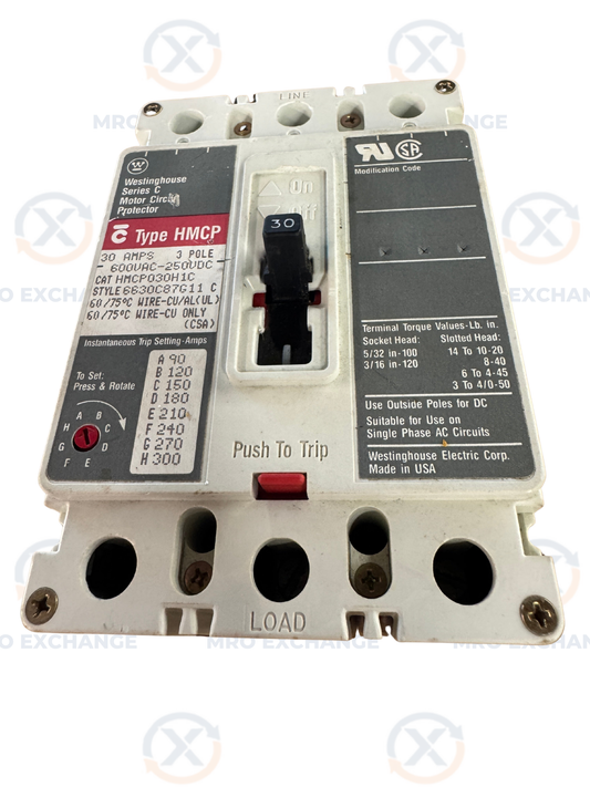 Westinghouse HMCP030H1C Motor Circuit Protector 600VAC / 250VDC Untested Surplus