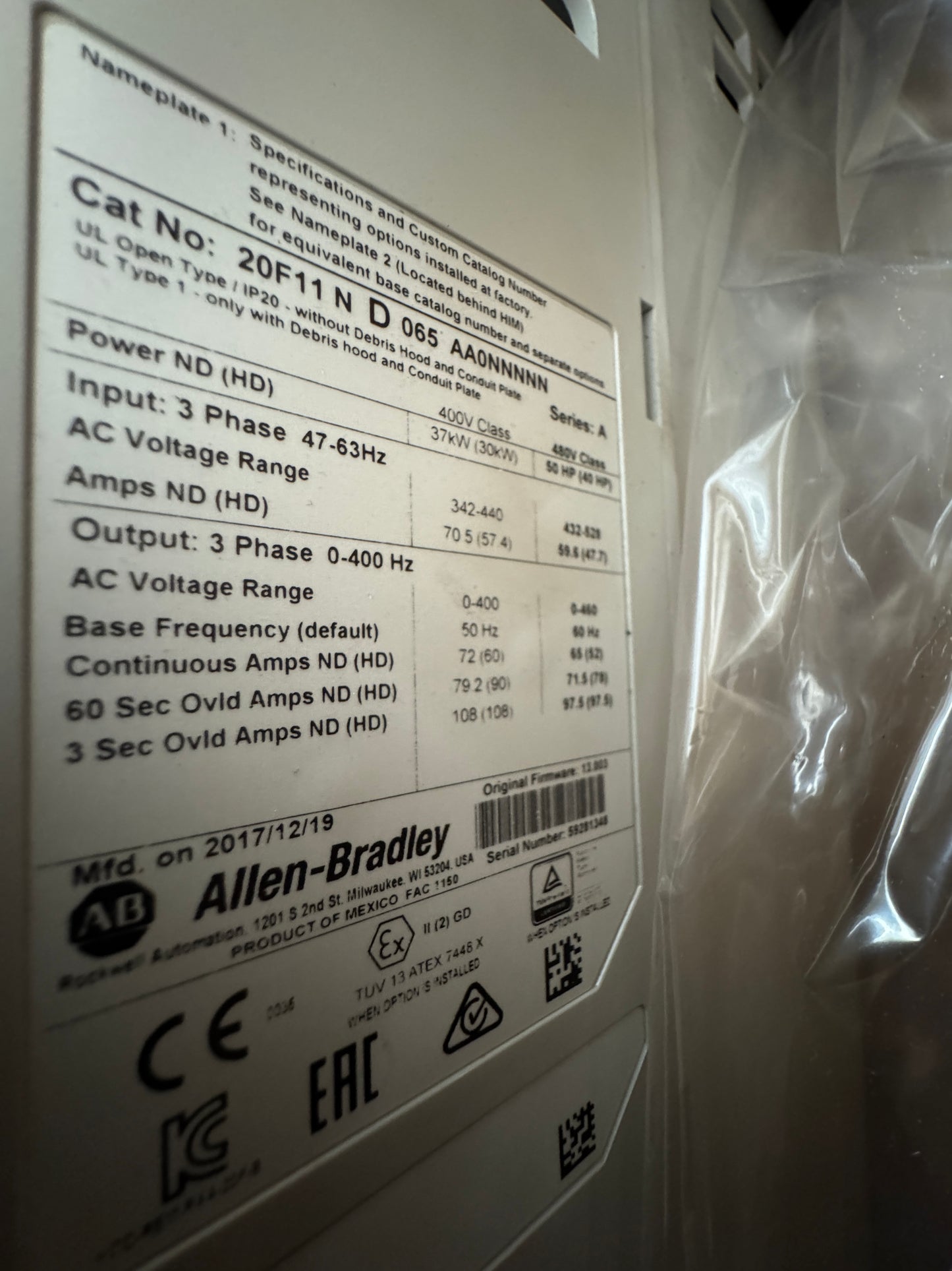 Allen-Bradley VFD AC Drive 20F11ND065AA0NNNNN 480V AC, 3 Phase