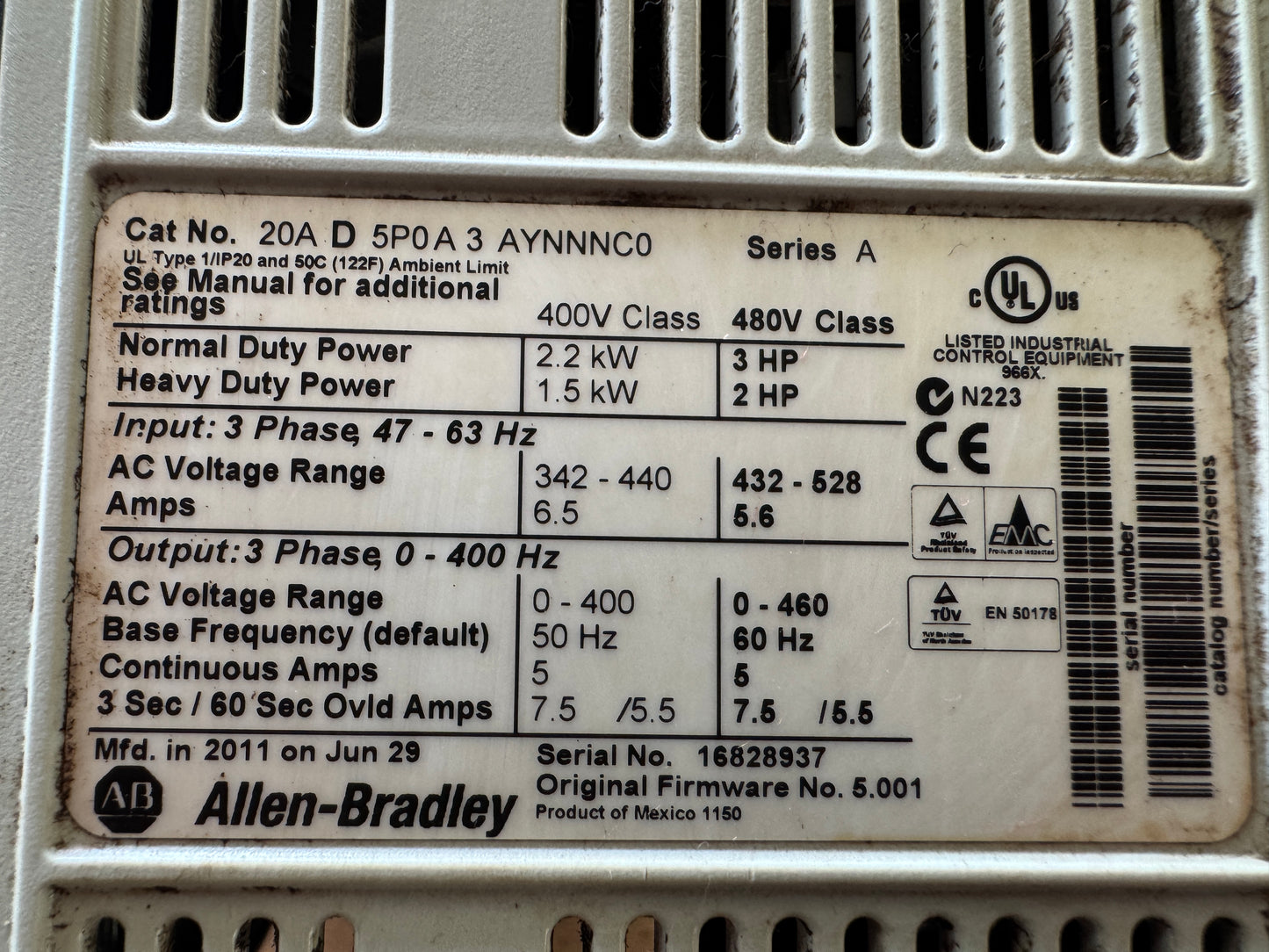 Allen-Bradley 20AD5P0A3AYNNNC0 Variable Frequency Drive 480V AC 3-Phase Untested Surplus 01420