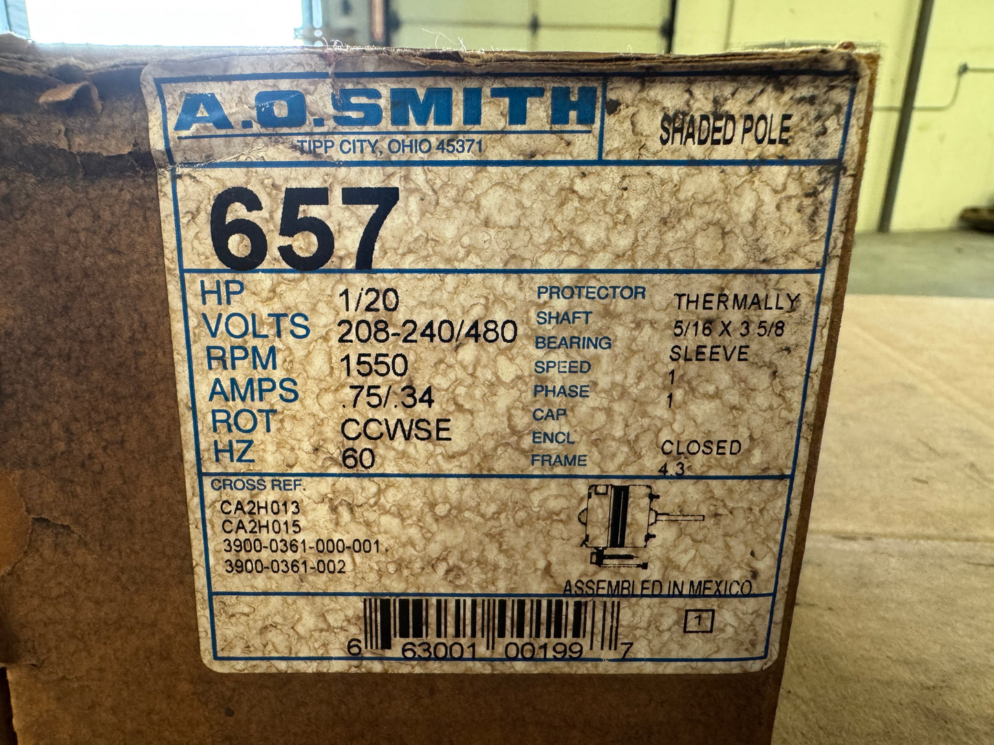 A.O. Smith Shaded Pole Motor 657-CA2H021N - 1 HP 1500 RPM