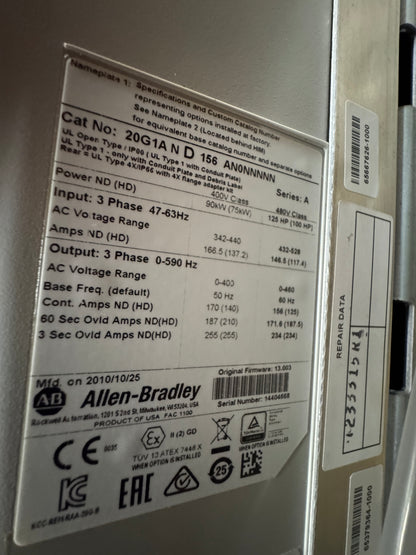 Allen-Bradley Variable Frequency Drive 20G1AND156AN0NNNNN - 100 HP Variable RPM