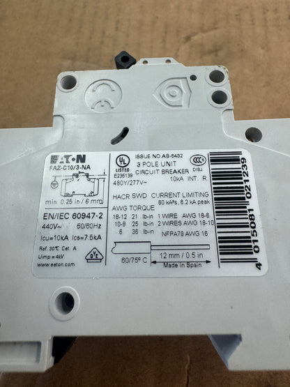 Eaton FAZ-C10/3-NA Circuit Breaker 480Y/277V Untested Surplus