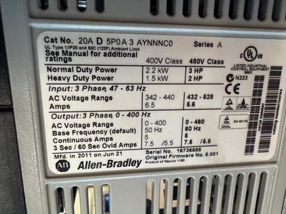 Allen-Bradley 20AD5P0A3AYNNNC0 Variable Frequency Drive 480V AC 3-Phase Untested Surplus 01436