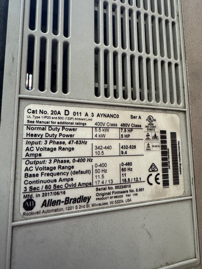 Allen Bradley PowerFlex 70 AC Drive 20AD011A3AYNANC0 - 7 HP Variable RPM