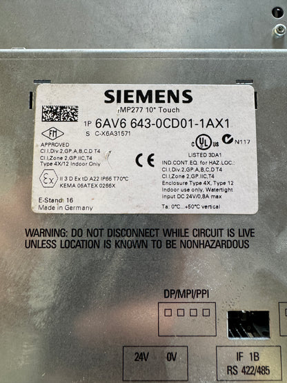 Siemens HMI Touch Panel 6AV6 643-0CD01-1AX1 24 VDC