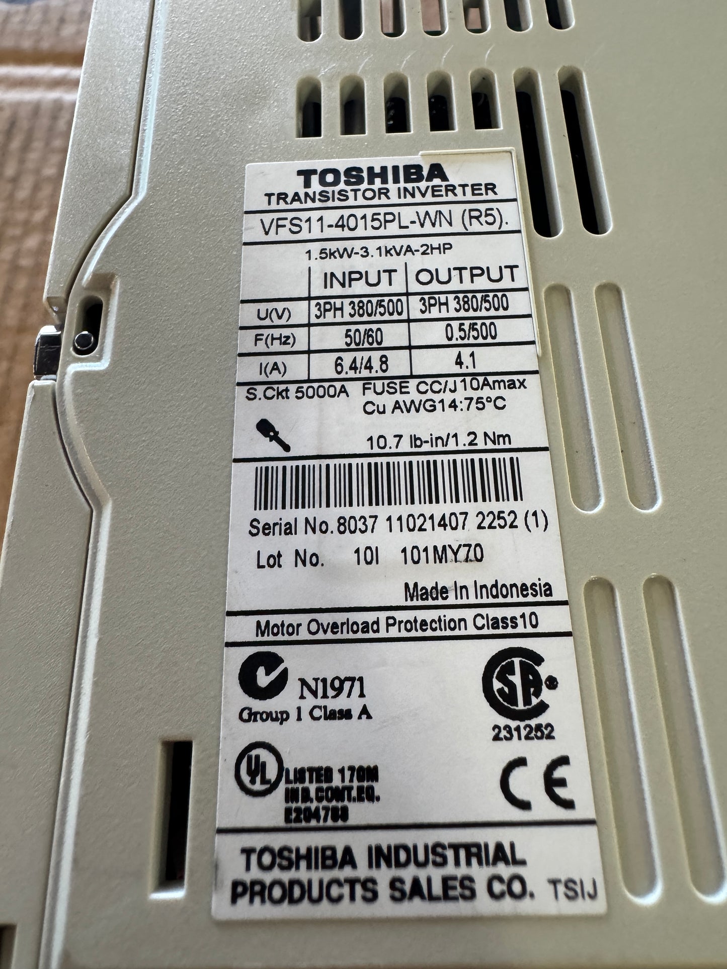 Toshiba VFD VFS11-4015PL-WN - 2 HP Variable RPM 01658