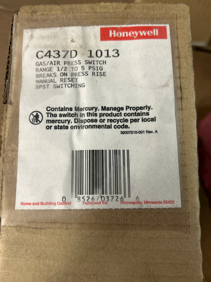 Honeywell Gas Air Pressure Switch C437D1013 1/2 To 5 PSIG