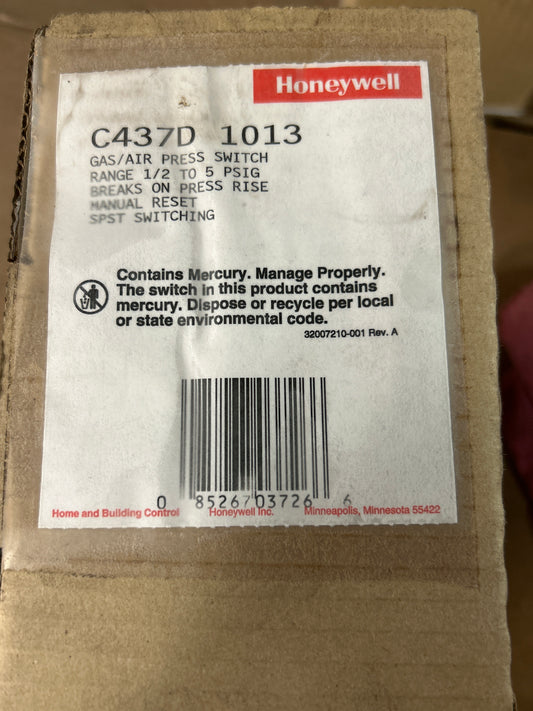 Honeywell Gas Air Pressure Switch C437D1013 1/2 To 5 PSIG