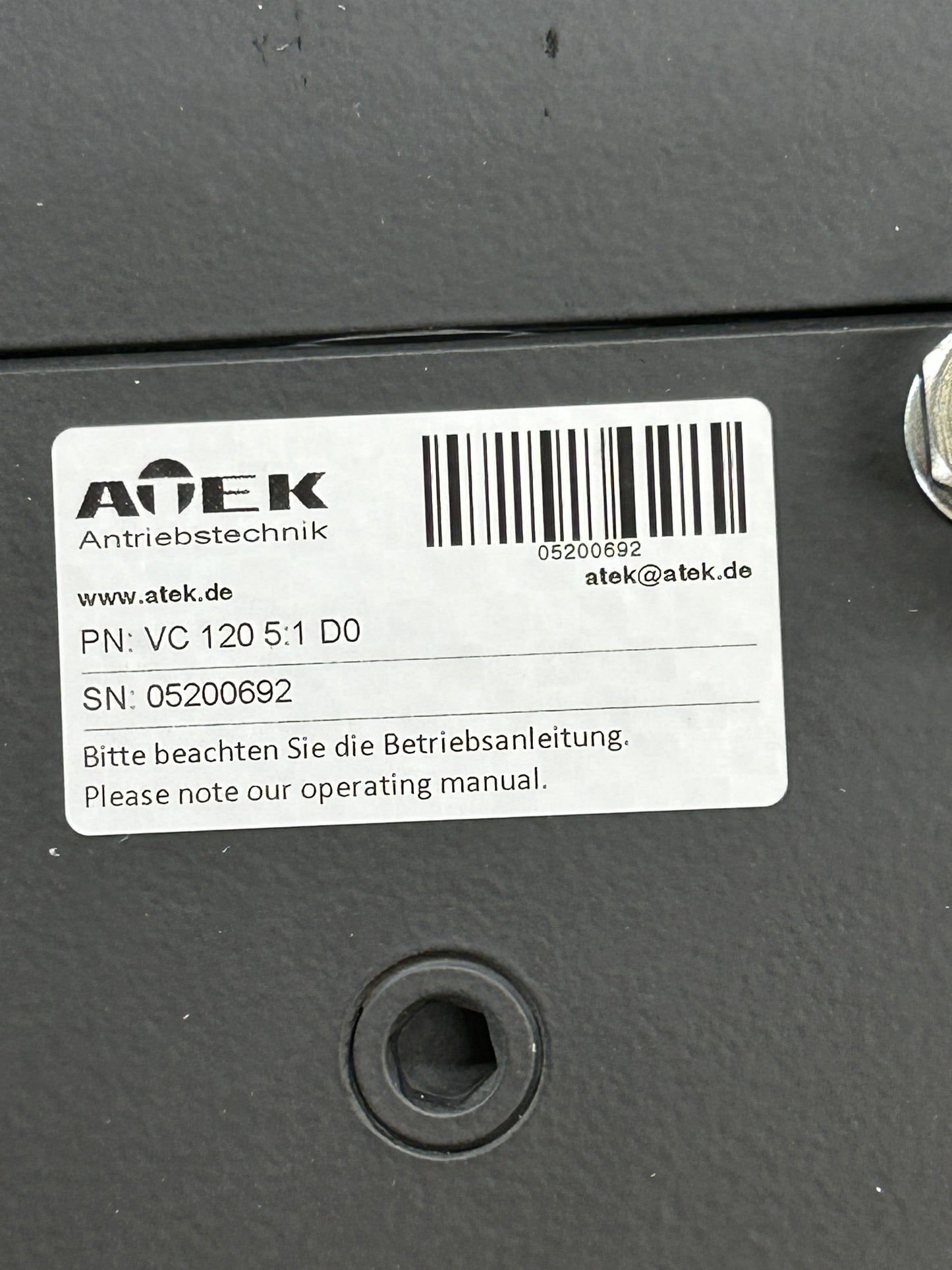 Atek Antriebstechnik Servo Bevel Gearmotor Assembly VC 120 5:1 D0