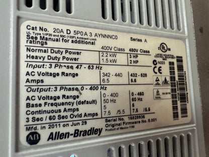 Allen-Bradley 20AD5P0A3AYNNNC0 Variable Frequency Drive 480V AC 3-Phase Untested Surplus 01435