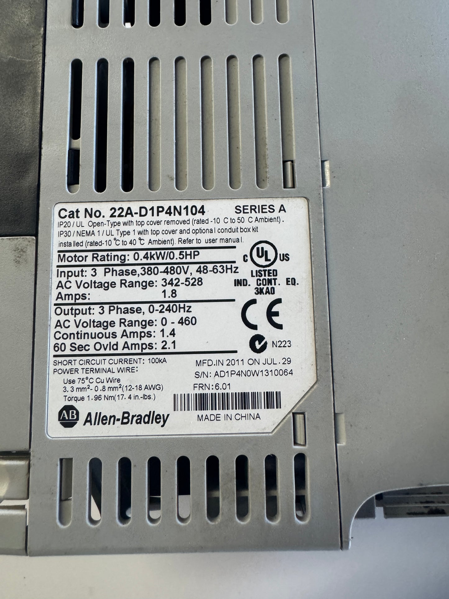 Allen-Bradley PowerFlex 4 VFD 22A-D1P4N104 480V 3-Phase