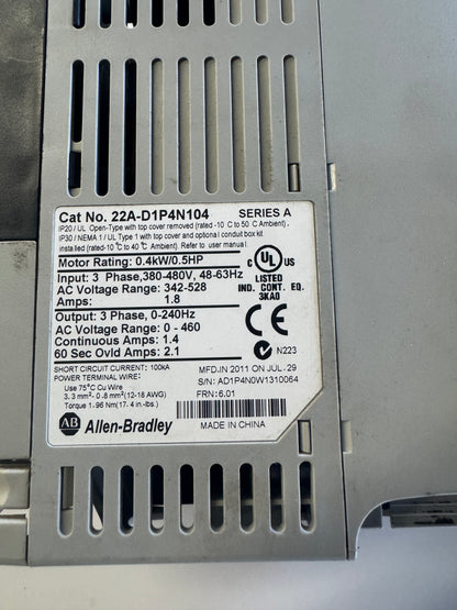Allen-Bradley PowerFlex 4 VFD 22A-D1P4N104 480V 3-Phase