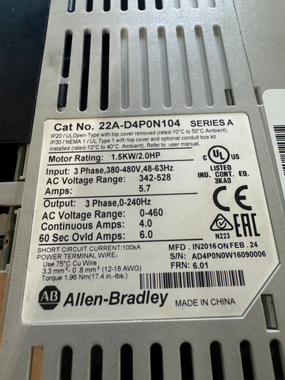 Allen-Bradley AC Drive VFD 22A-D4P0N104 - 2 HP Variable RPM